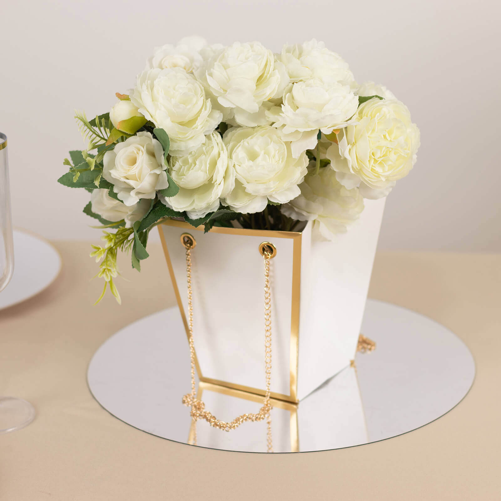 6 Pack White Gold Edge Paper Flower Gift Bags With Metal Chain Handles, Trapezoid Party Favor Tote Bags - 5"x6" - Bell Racket Store