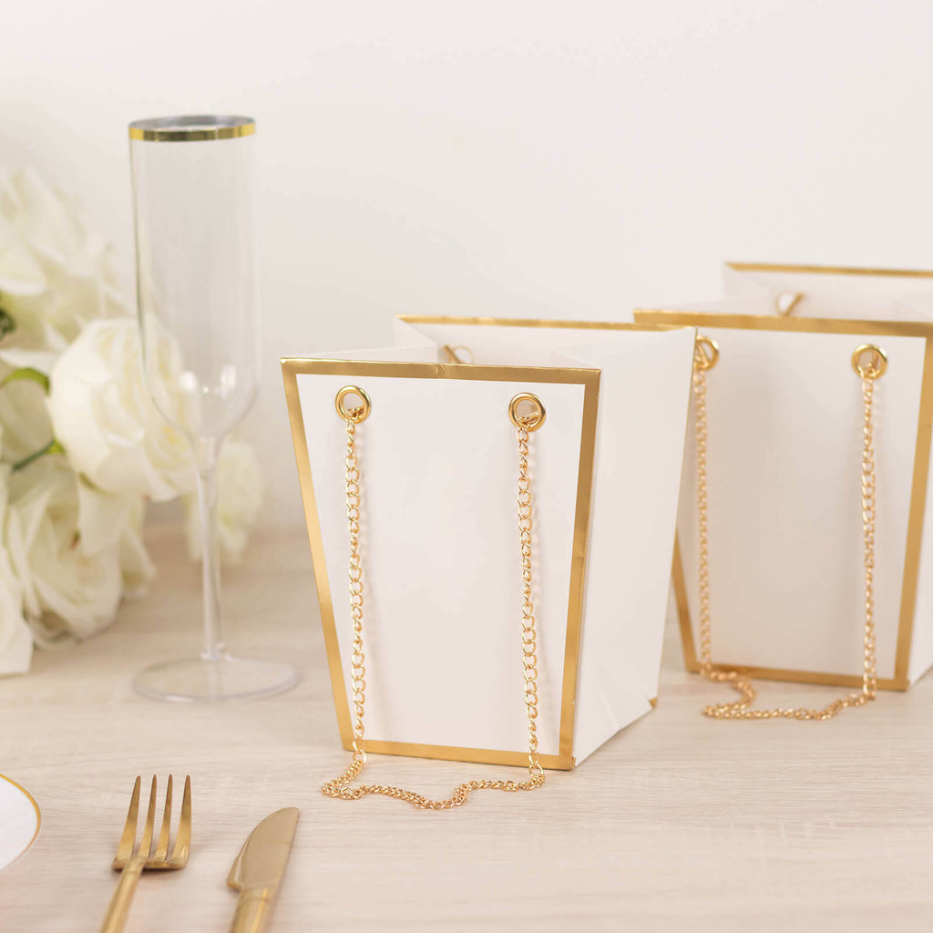 6 Pack White Gold Edge Paper Flower Gift Bags With Metal Chain Handles, Trapezoid Party Favor Tote Bags - 5"x6" - Bell Racket Store