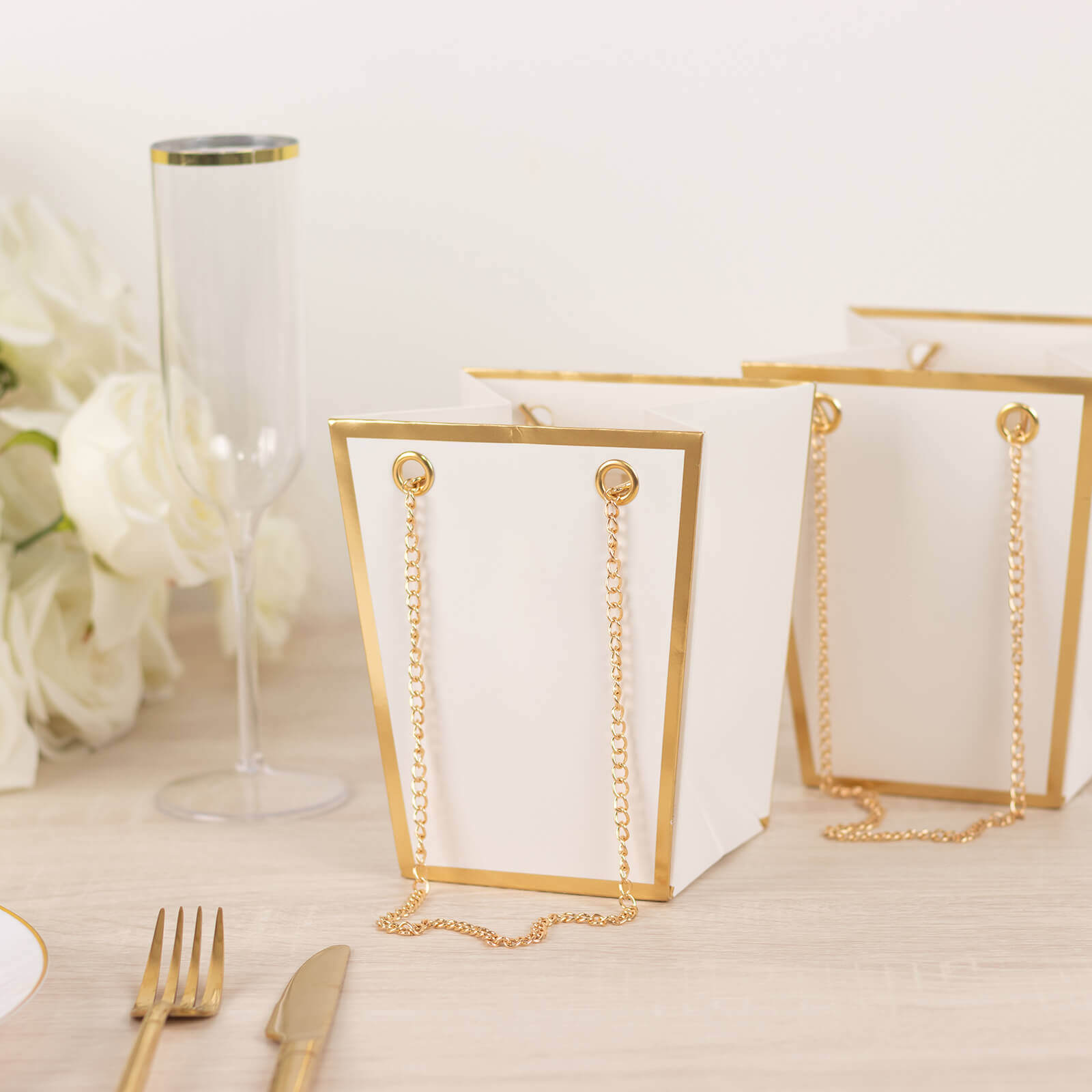 6 Pack White Gold Edge Paper Flower Gift Bags With Metal Chain Handles, Trapezoid Party Favor Tote Bags - 5"x6" - Bell Racket Store