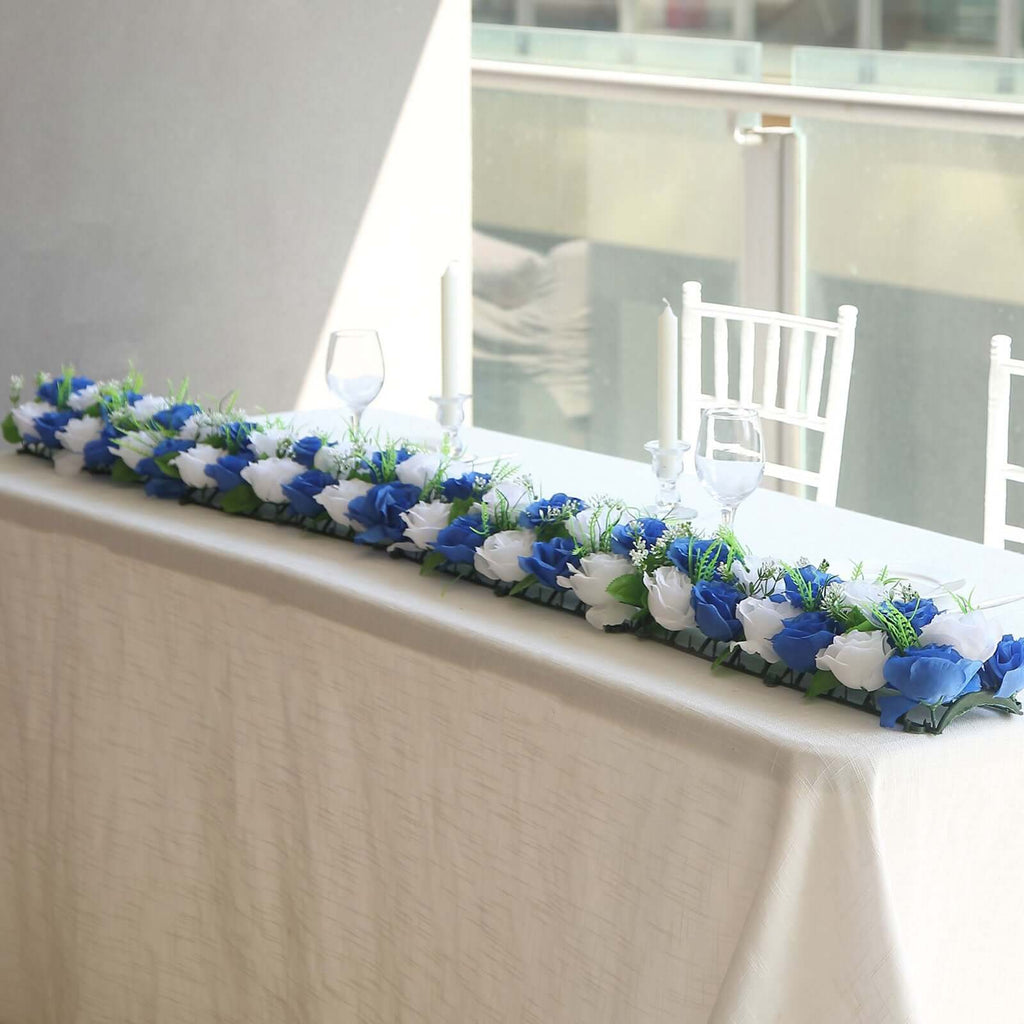 6 Pack White Royal Blue Silk Rose Flower Panel Table Runner, Artificial Floral Arrangements Wedding Table Centerpiece - 20"x8" - Bell Racket Store