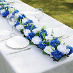 6 Pack White Royal Blue Silk Rose Flower Panel Table Runner, Artificial Floral Arrangements Wedding Table Centerpiece - 20"x8" - Bell Racket Store