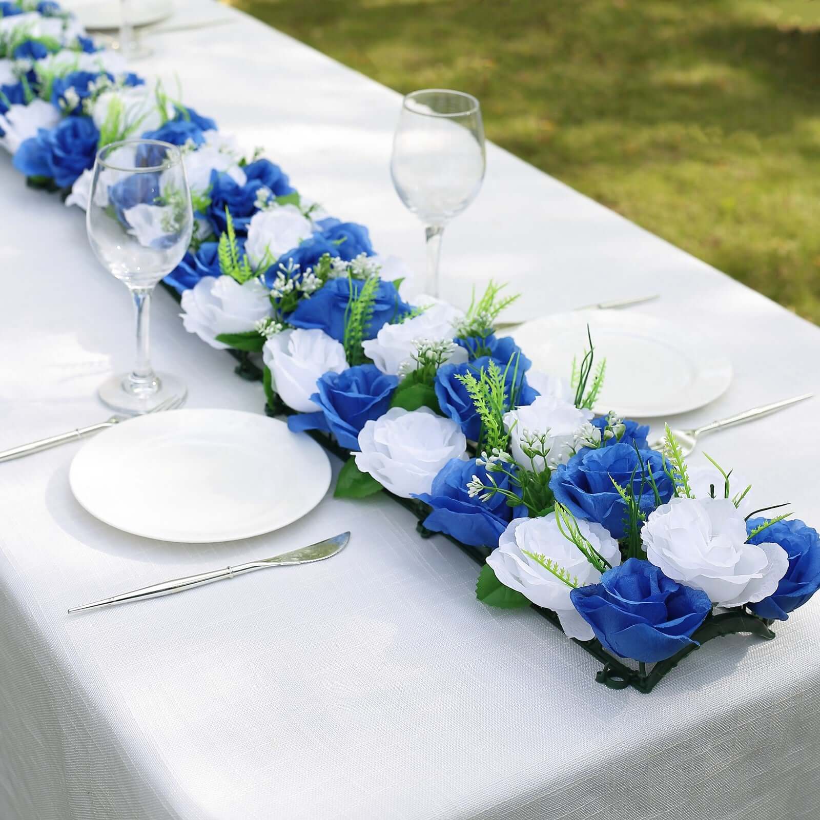 6 Pack White Royal Blue Silk Rose Flower Panel Table Runner, Artificial Floral Arrangements Wedding Table Centerpiece - 20"x8" - Bell Racket Store