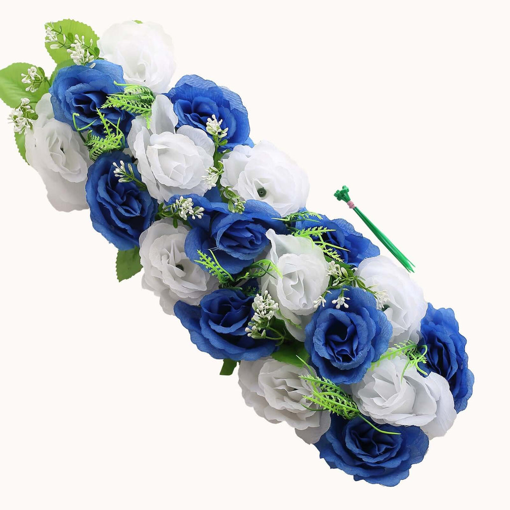 6 Pack White Royal Blue Silk Rose Flower Panel Table Runner, Artificial Floral Arrangements Wedding Table Centerpiece - 20"x8" - Bell Racket Store