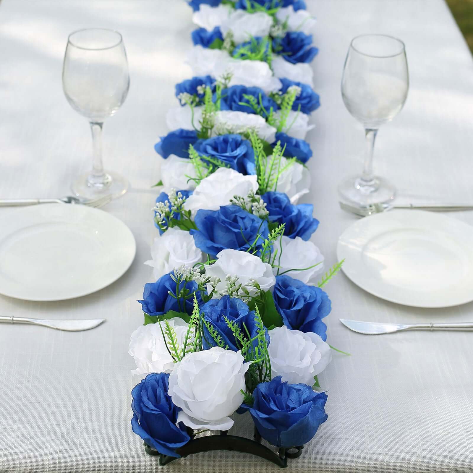 6 Pack White Royal Blue Silk Rose Flower Panel Table Runner, Artificial Floral Arrangements Wedding Table Centerpiece - 20"x8" - Bell Racket Store
