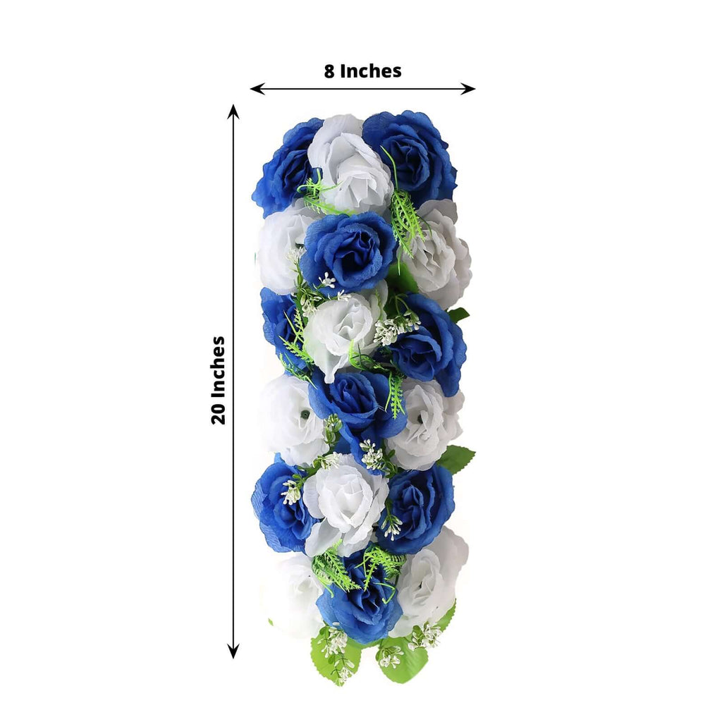 6 Pack White Royal Blue Silk Rose Flower Panel Table Runner, Artificial Floral Arrangements Wedding Table Centerpiece - 20"x8" - Bell Racket Store