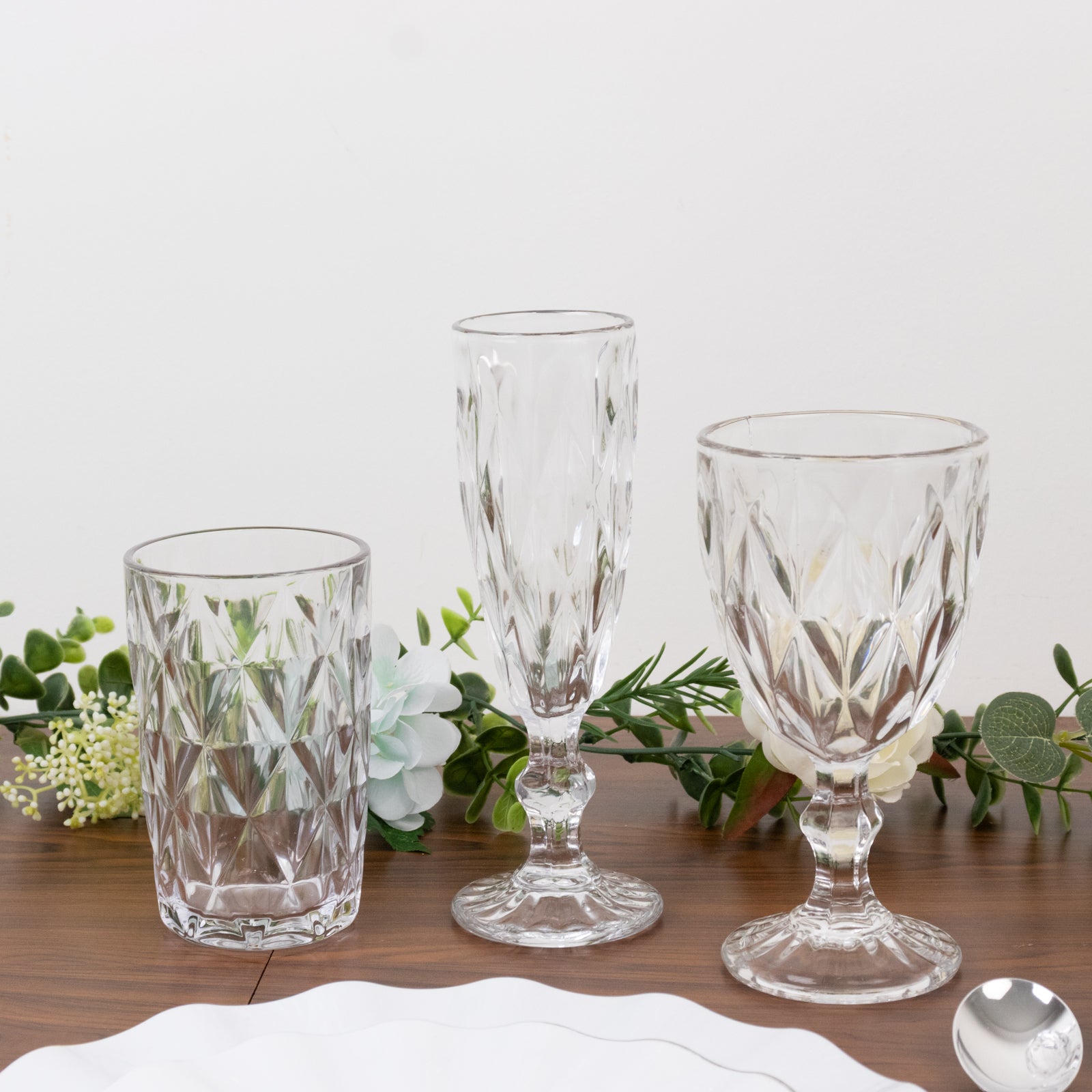 6 - Pack Wine Glasses Clear Embossed Crystal Cut Design Stemmed - Goblets for Parties & Events 12oz 7" - Bell Racket Store