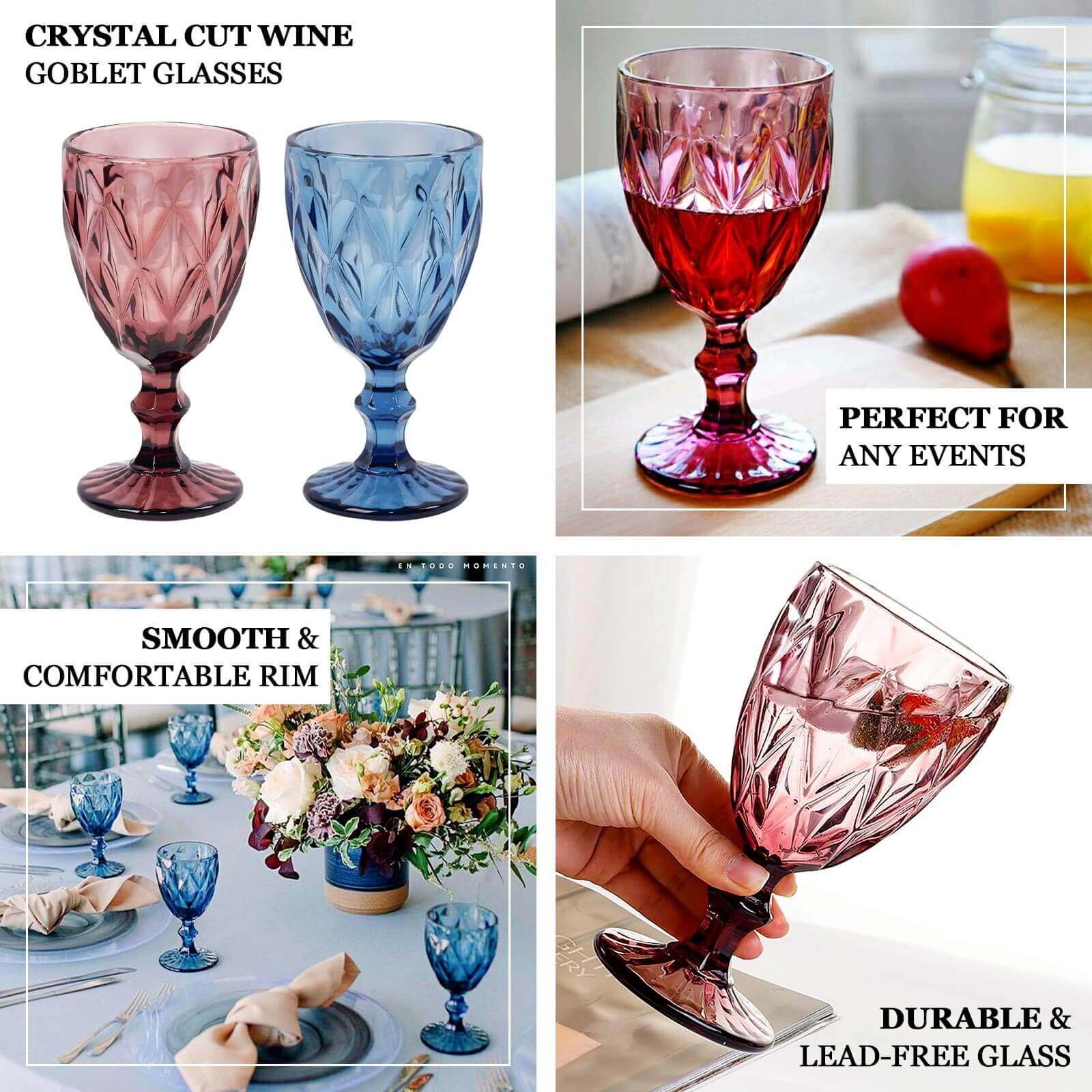 6 - Pack Wine Glasses Dusty Rose Embossed Crystal Cut Design Stemmed - Colored Goblets for Parties & Events 12oz 7" - Bell Racket Store