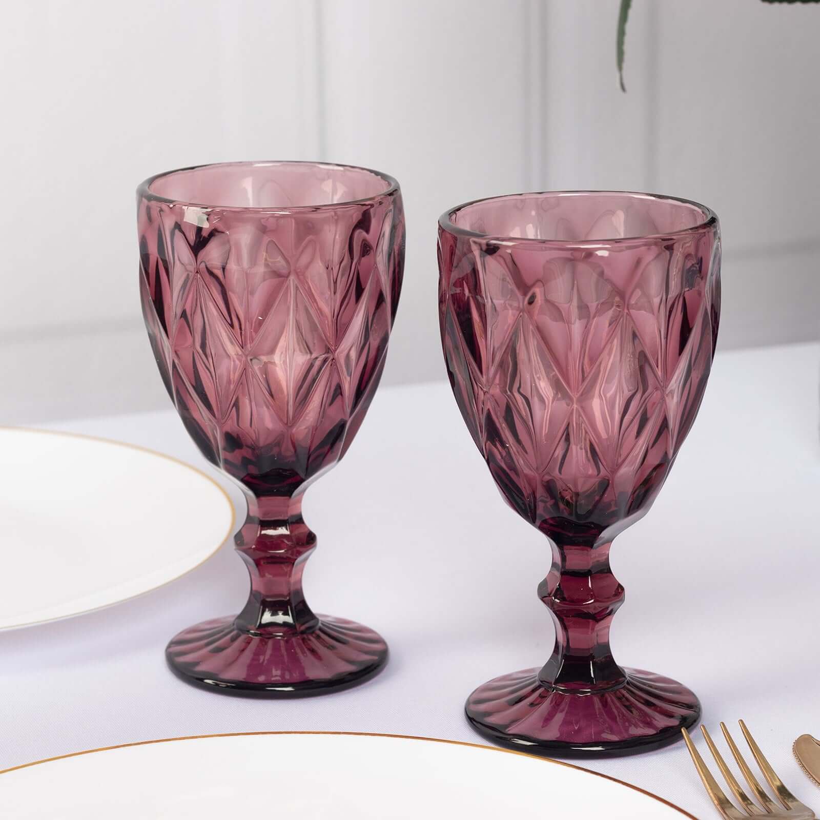 6 - Pack Wine Glasses Dusty Rose Embossed Crystal Cut Design Stemmed - Colored Goblets for Parties & Events 12oz 7" - Bell Racket Store