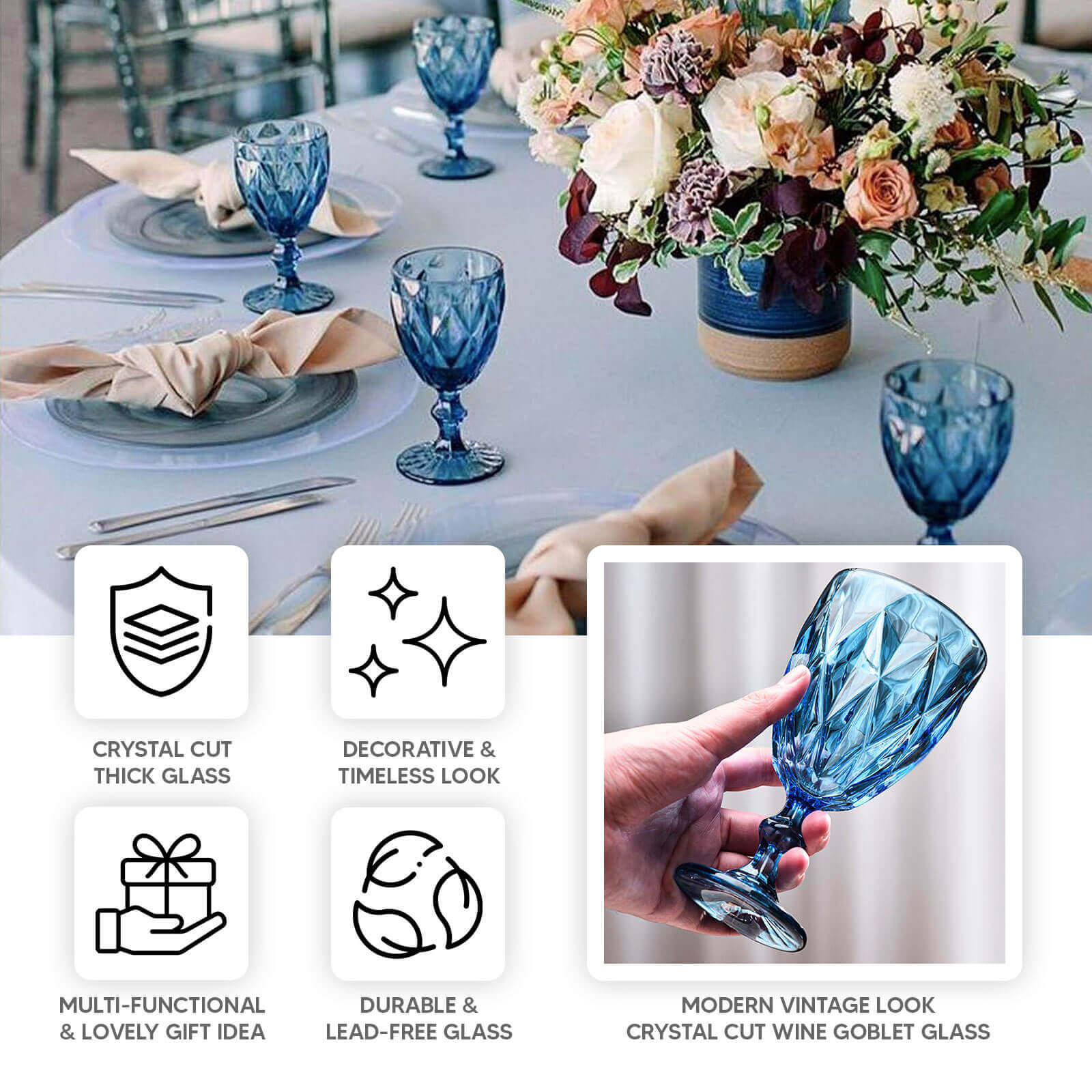 6 - Pack Wine Glasses Ocean Blue Embossed Crystal Cut Design Stemmed - Colored Goblets for Parties & Events 12oz 7" - Bell Racket Store