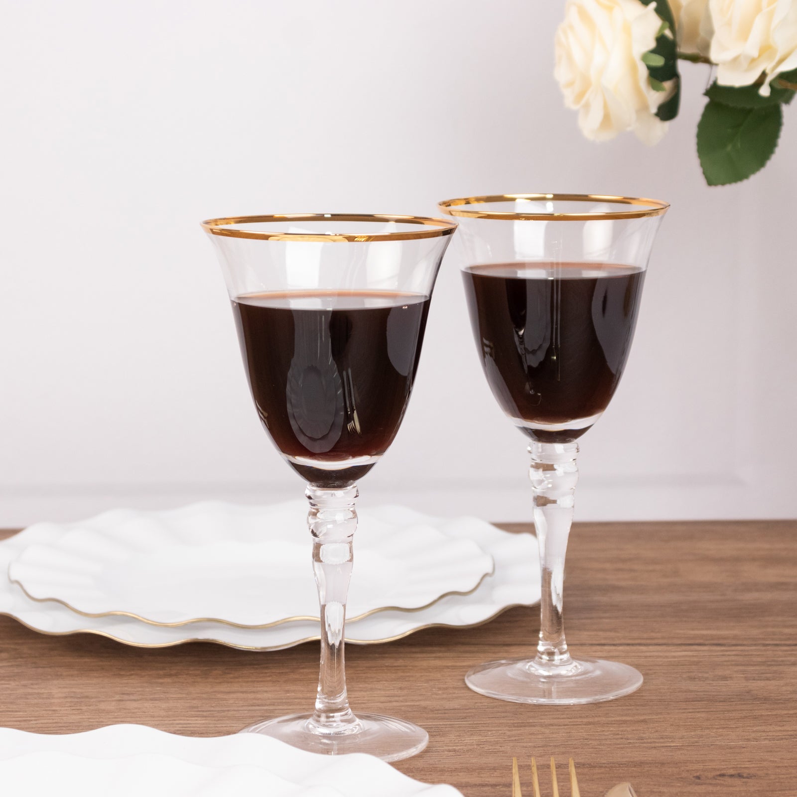 6 - Pack Wine Goblet Glasses Clear Gold Rimmed Design with Long Beaded Stem - Handblown Vintage Crystal Glasses for Water & Drinks 9oz 8" - Bell Racket Store