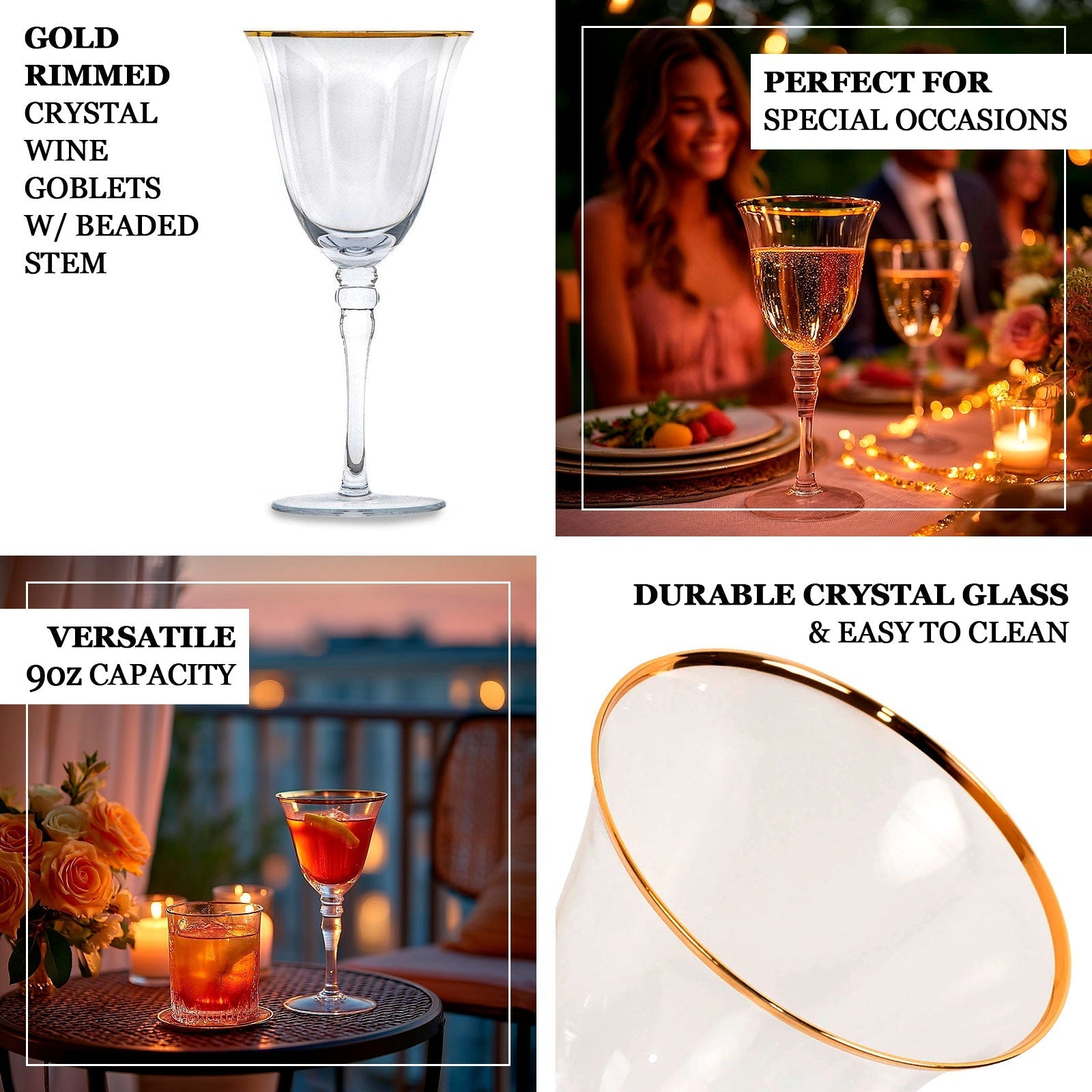 6 - Pack Wine Goblet Glasses Clear Gold Rimmed Design with Long Beaded Stem - Handblown Vintage Crystal Glasses for Water & Drinks 9oz 8" - Bell Racket Store