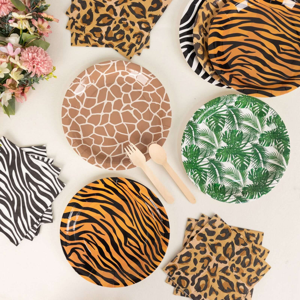 60 Pcs Paper Dinnerware Set with Animal Safari Print - Jungle Theme Party Plates and Napkins for 30 Guests - Bell Racket Store
