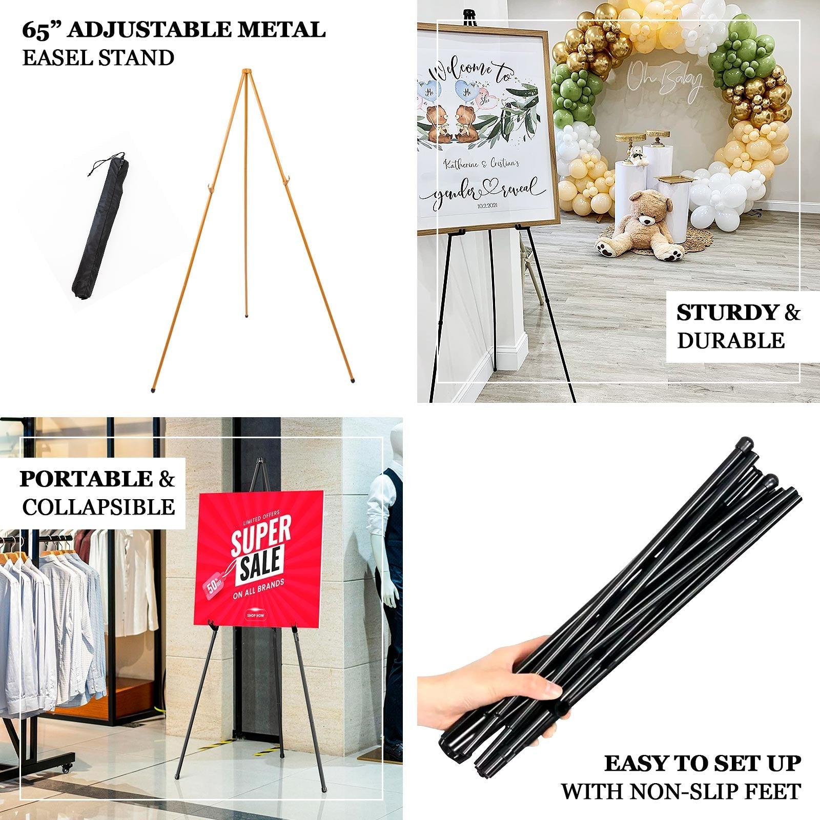 65" Heavy Duty Black Metal Easel Stand - Portable and Adjustable Tripod for Wedding Signs, Posters, and Art - Bell Racket Store