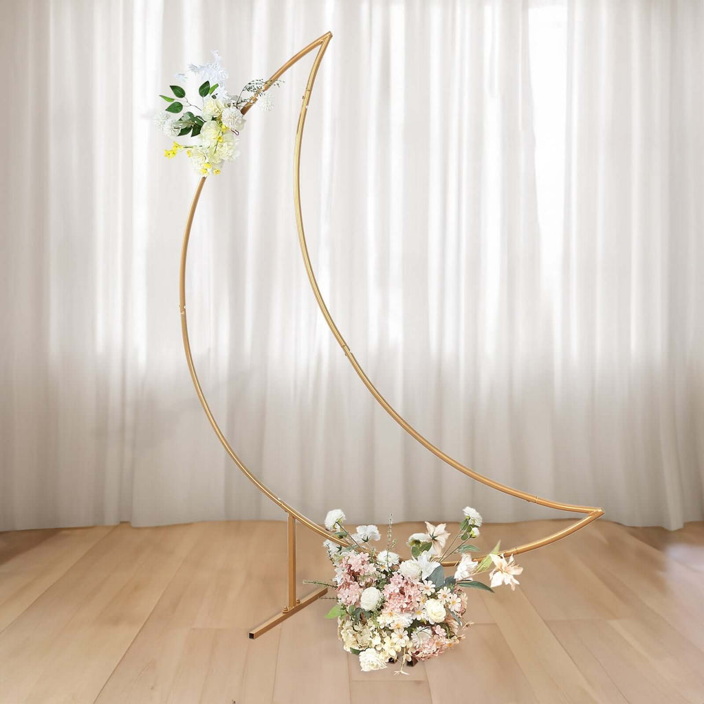 6.5ft Gold Metal Crescent Moon Wedding Arch Backdrop Stand, Curved Arbor Floral Balloon Frame with Sturdy Base - Bell Racket Store