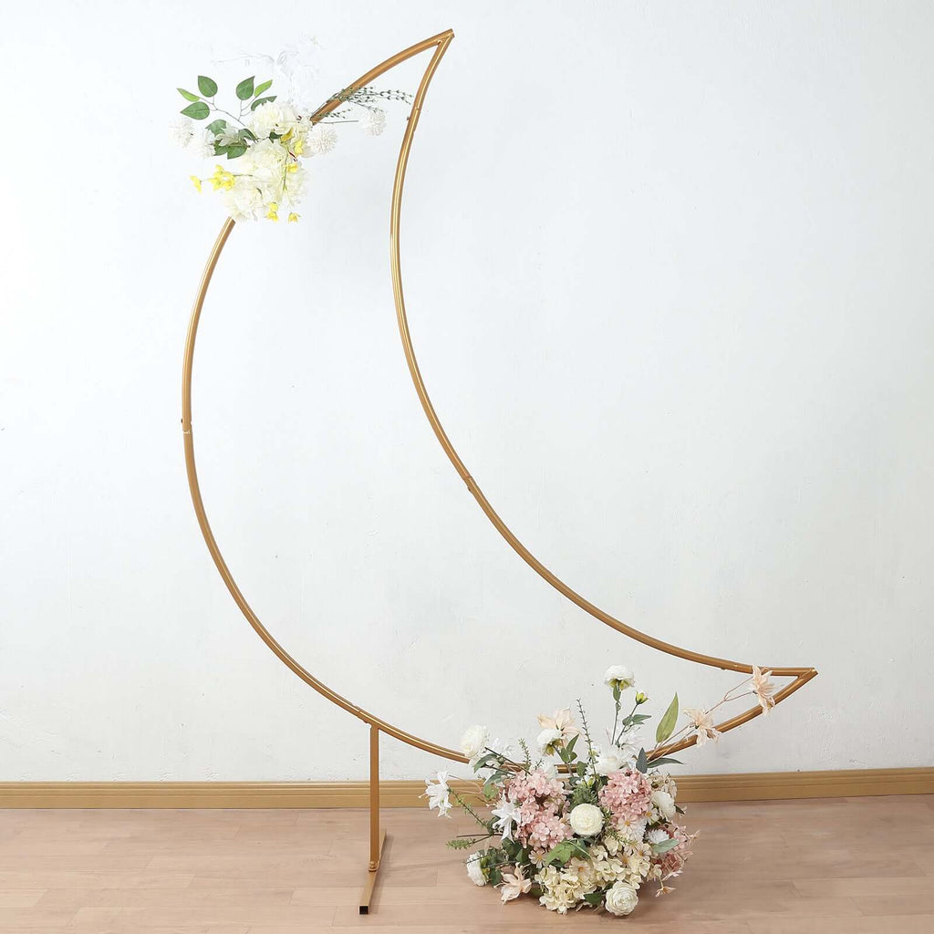 6.5ft Gold Metal Crescent Moon Wedding Arch Backdrop Stand, Curved Arbor Floral Balloon Frame with Sturdy Base - Bell Racket Store