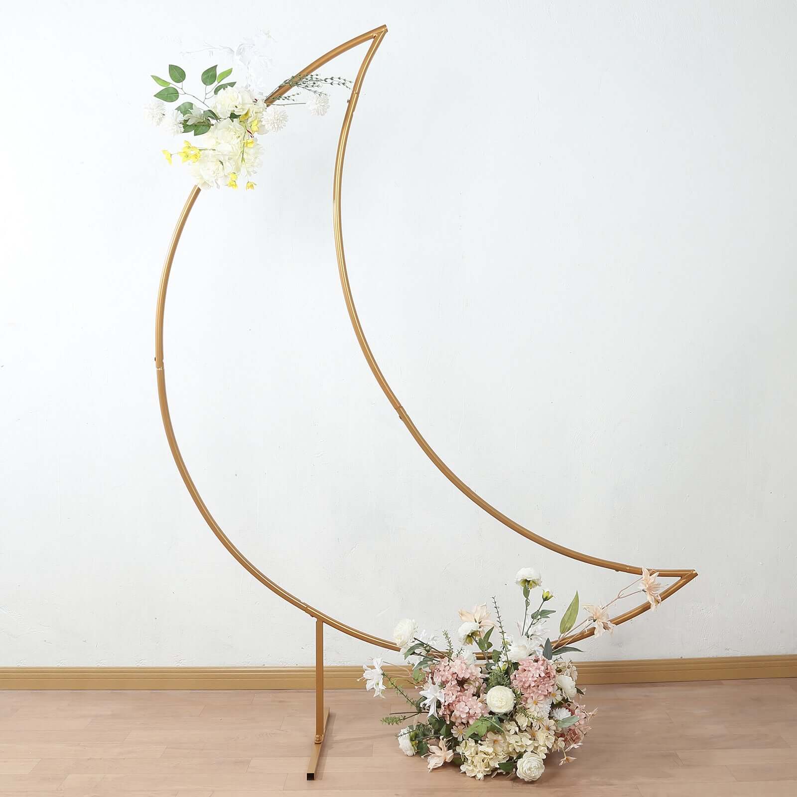 6.5ft Gold Metal Crescent Moon Wedding Arch Backdrop Stand, Curved Arbor Floral Balloon Frame with Sturdy Base - Bell Racket Store