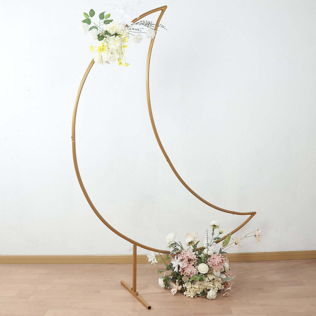 6.5ft Gold Metal Crescent Moon Wedding Arch Backdrop Stand, Curved Arbor Floral Balloon Frame with Sturdy Base - Bell Racket Store