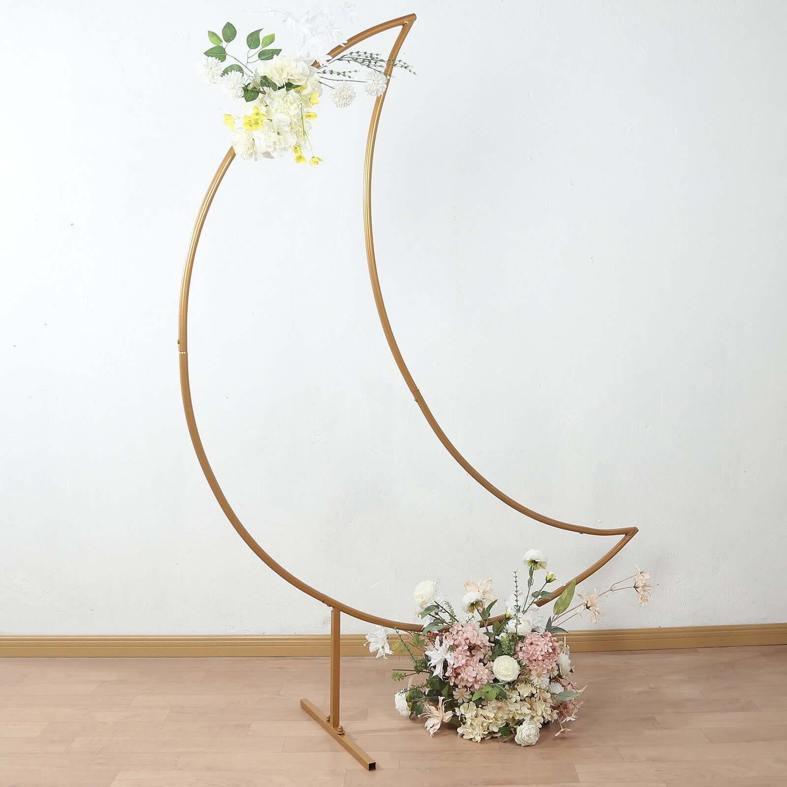 6.5ft Gold Metal Crescent Moon Wedding Arch Backdrop Stand, Curved Arbor Floral Balloon Frame with Sturdy Base - Bell Racket Store
