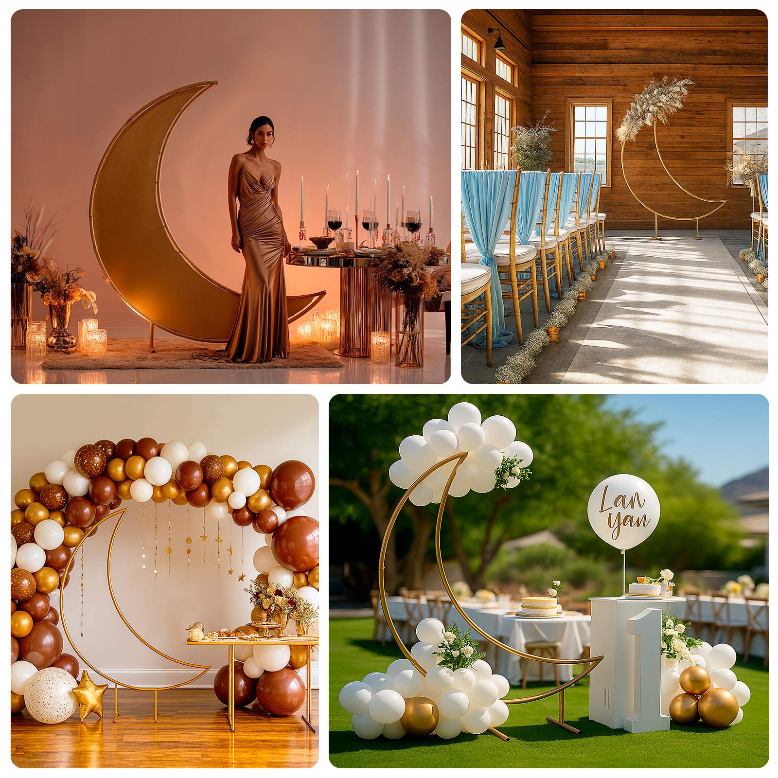 6.5ft Gold Metal Crescent Moon Wedding Arch Backdrop Stand, Curved Arbor Floral Balloon Frame with Sturdy Base - Bell Racket Store