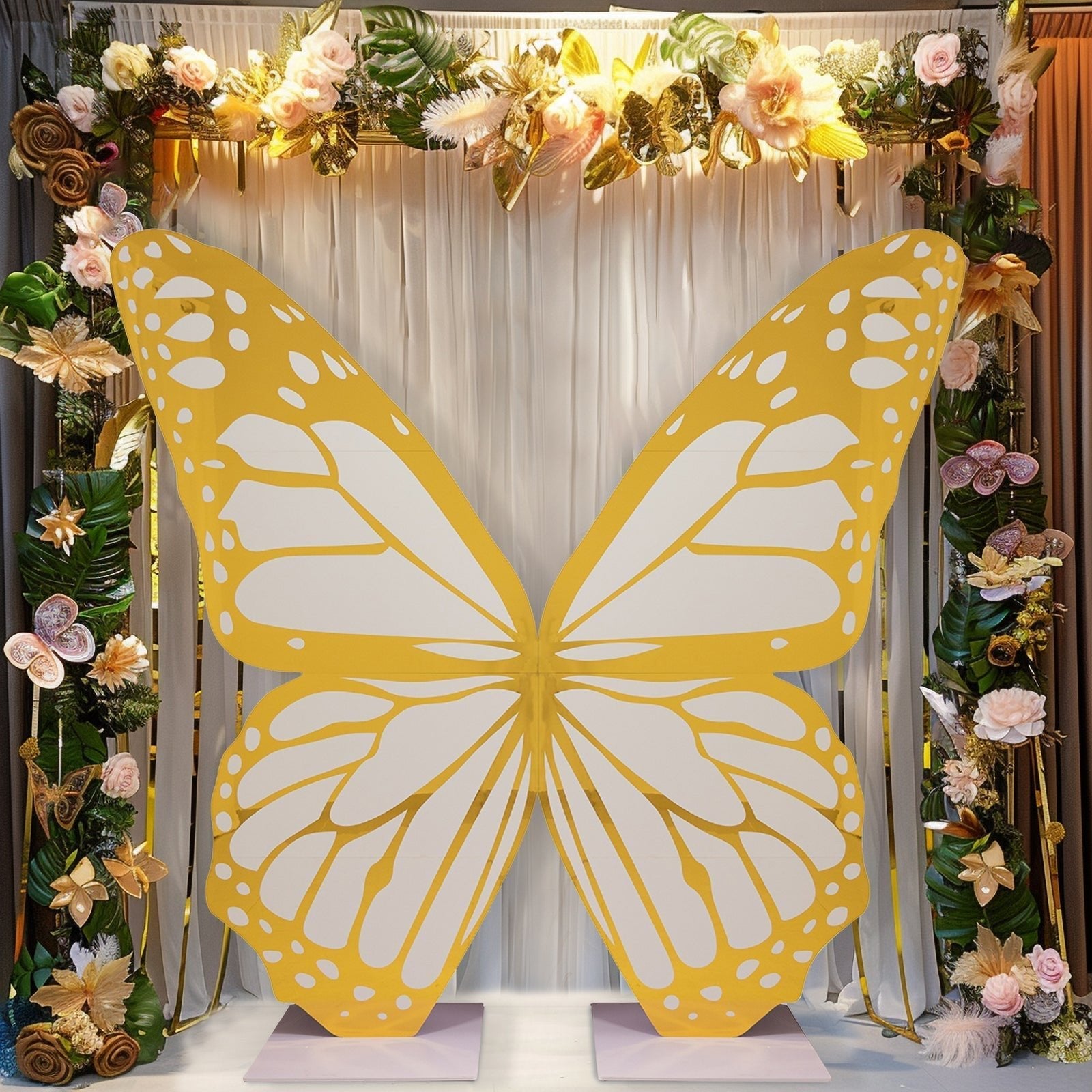 6.5ft White Gold Giant Butterfly Backdrop Party Prop, Free Standing Foamboard Monarch Butterfly Wings Photo Background - Bell Racket Store