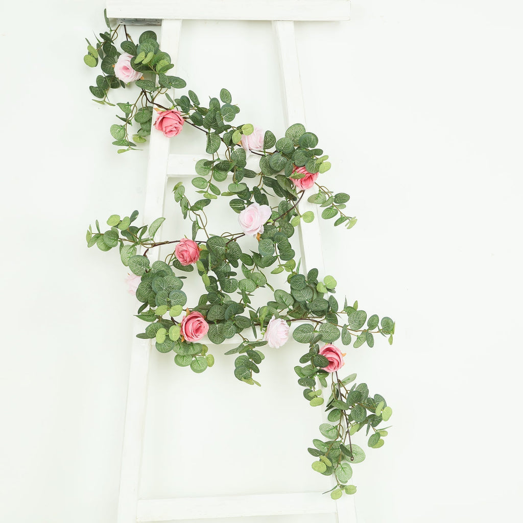 6ft Artificial Eucalyptus Garland with Blush/Dusty Rose Silk Roses â€“ Faux Greenery Vine - Bell Racket Store