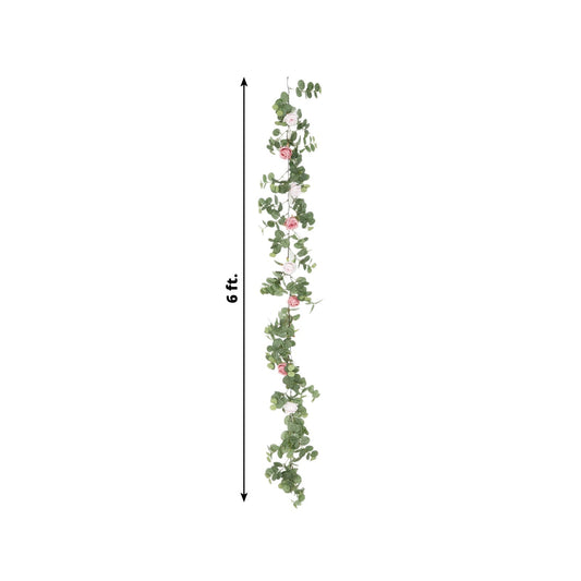 6ft Artificial Eucalyptus Garland with Blush/Dusty Rose Silk Roses â€“ Faux Greenery Vine - Bell Racket Store