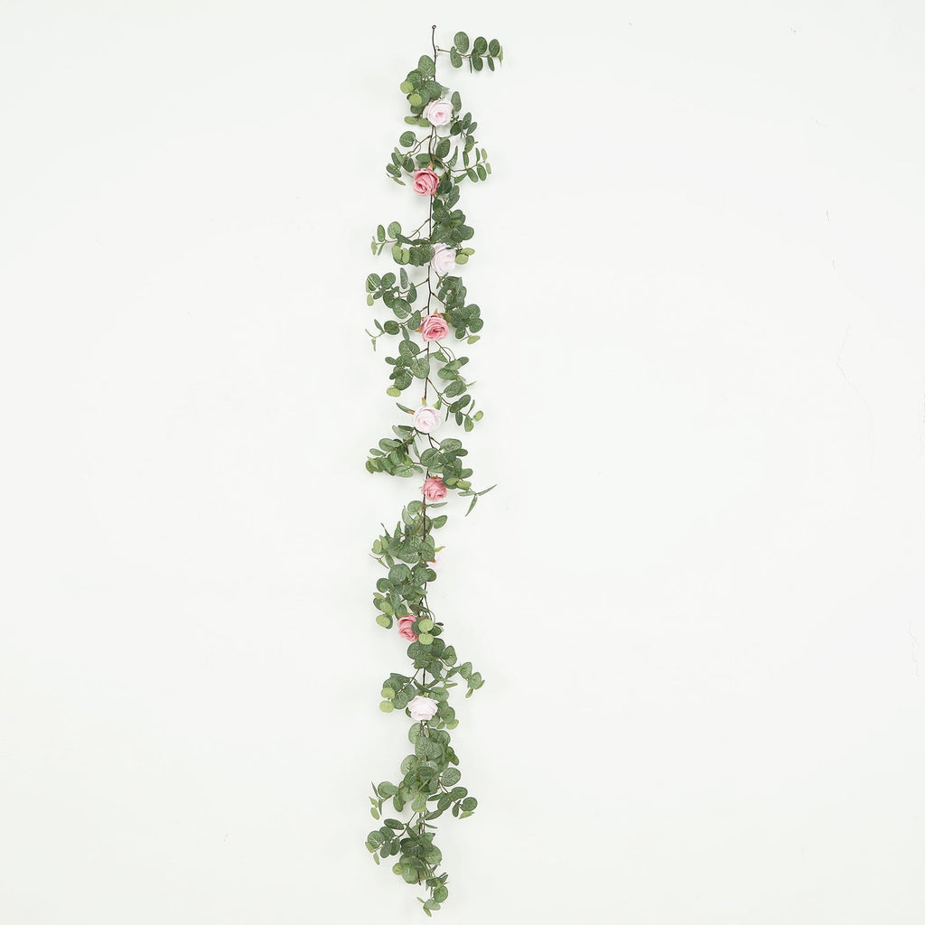 6ft Artificial Eucalyptus Garland with Blush/Dusty Rose Silk Roses â€“ Faux Greenery Vine - Bell Racket Store