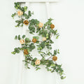 6ft Artificial Eucalyptus Garland with Cream/Gold Silk Roses â€“ Faux Greenery Vine - Bell Racket Store