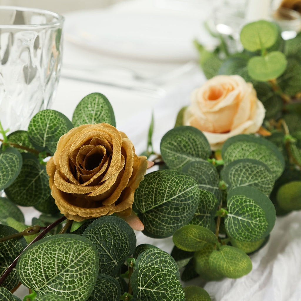 6ft Artificial Eucalyptus Garland with Cream/Gold Silk Roses â€“ Faux Greenery Vine - Bell Racket Store