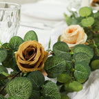 6ft Artificial Eucalyptus Garland with Cream/Gold Silk Roses â€“ Faux Greenery Vine - Bell Racket Store