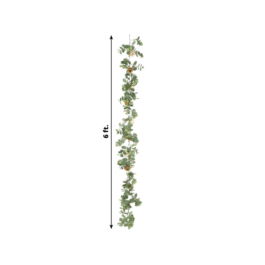 6ft Artificial Eucalyptus Garland with Cream/Gold Silk Roses â€“ Faux Greenery Vine - Bell Racket Store