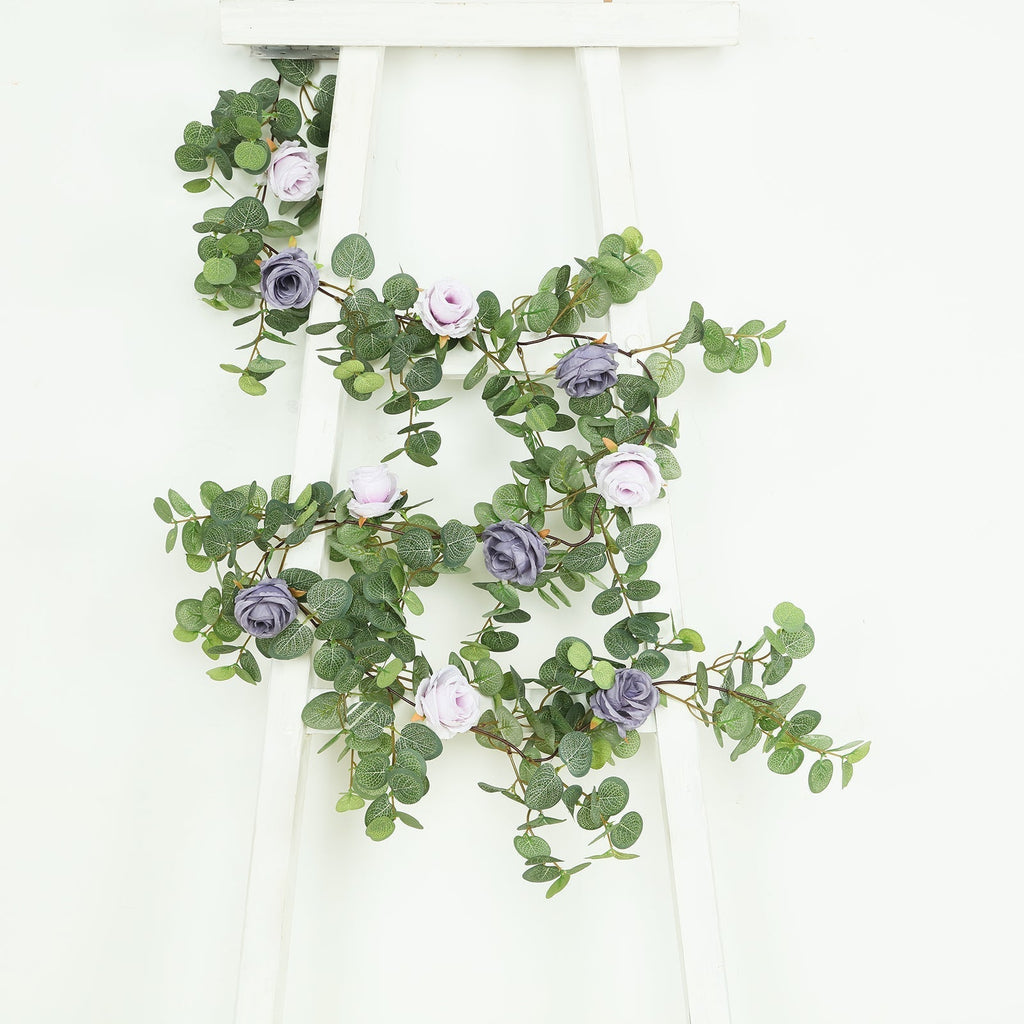 6ft Artificial Eucalyptus Garland with Lavender Lilac/Purple Silk Roses â€“ Faux Greenery Vine - Bell Racket Store
