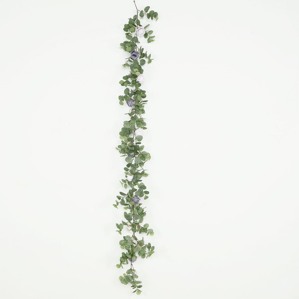 6ft Artificial Eucalyptus Garland with Lavender Lilac/Purple Silk Roses â€“ Faux Greenery Vine - Bell Racket Store