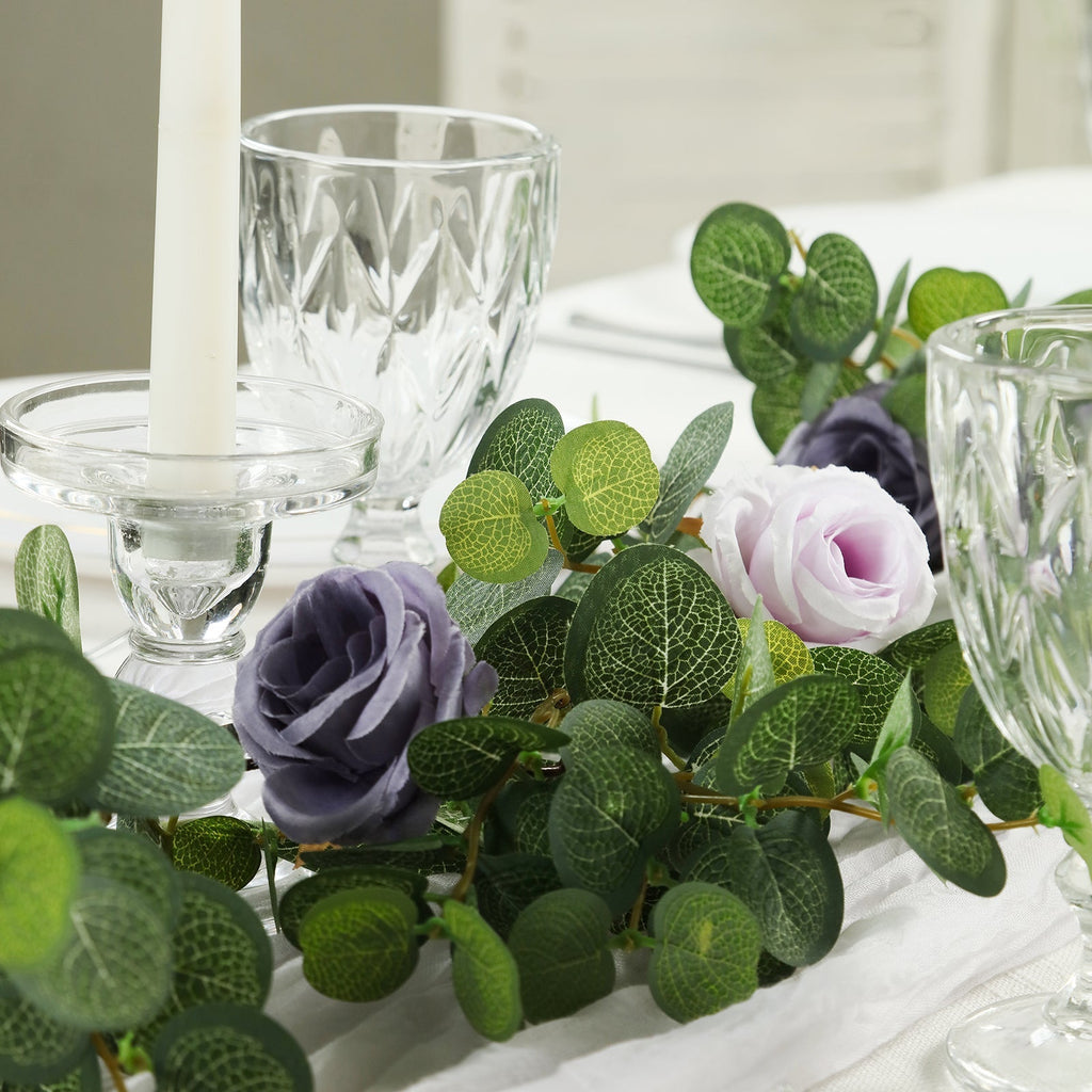 6ft Artificial Eucalyptus Garland with Lavender Lilac/Purple Silk Roses â€“ Faux Greenery Vine - Bell Racket Store