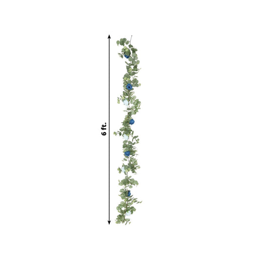 6ft Artificial Eucalyptus Garland with Royal Blue/Light Blue Silk Roses â€“ Faux Greenery Vine - Bell Racket Store