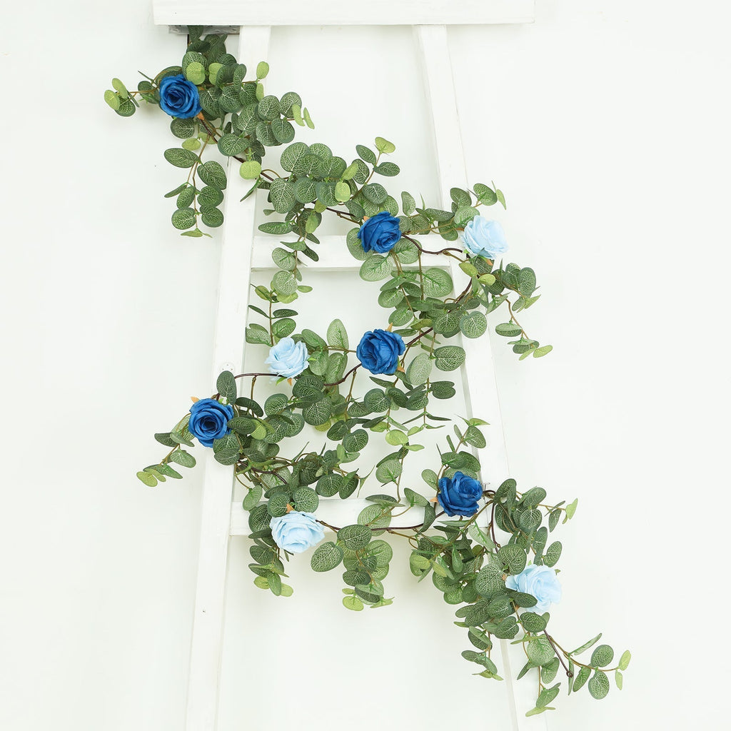 6ft Artificial Eucalyptus Garland with Royal Blue/Light Blue Silk Roses â€“ Faux Greenery Vine - Bell Racket Store