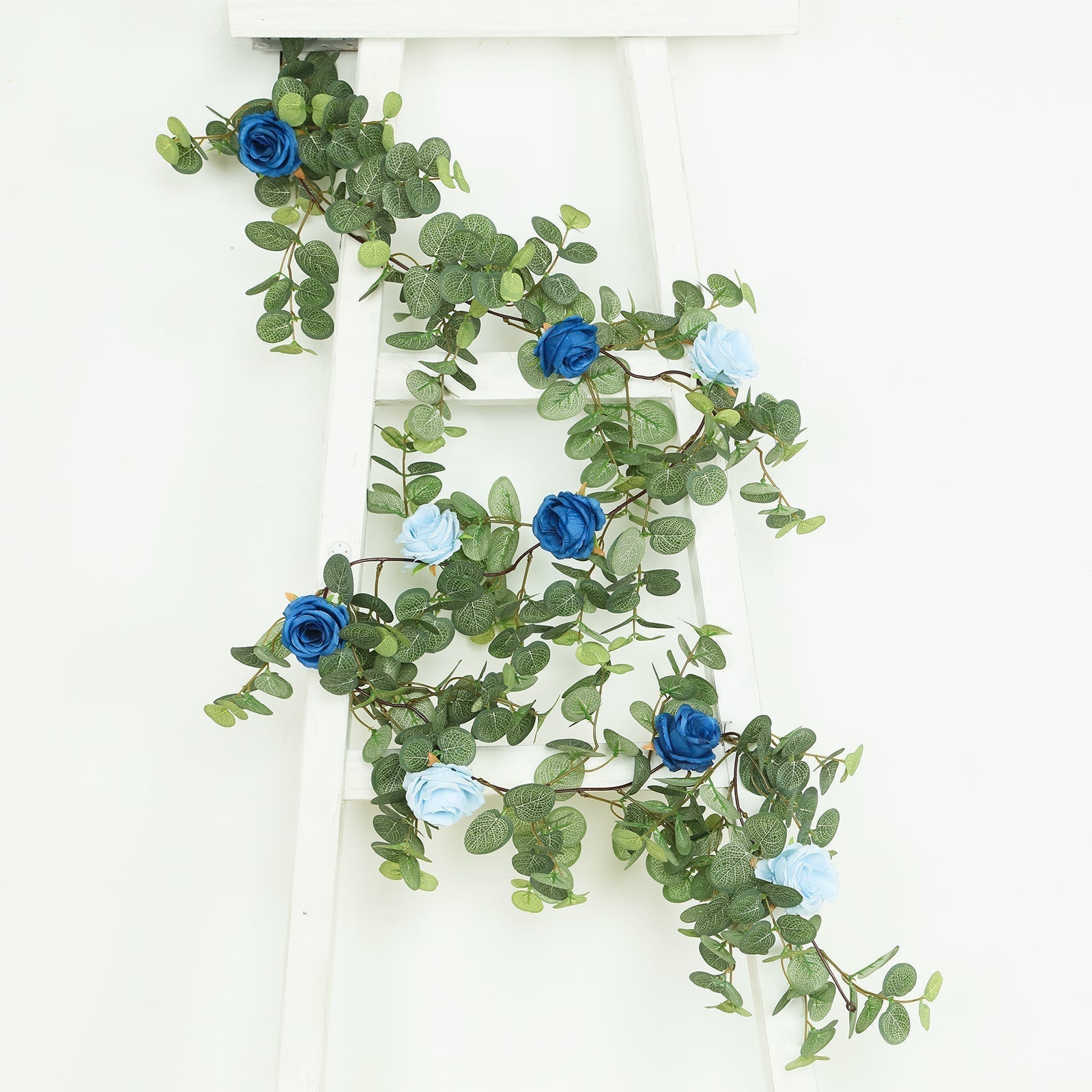 6ft Artificial Eucalyptus Garland with Royal Blue/Light Blue Silk Roses â€“ Faux Greenery Vine - Bell Racket Store