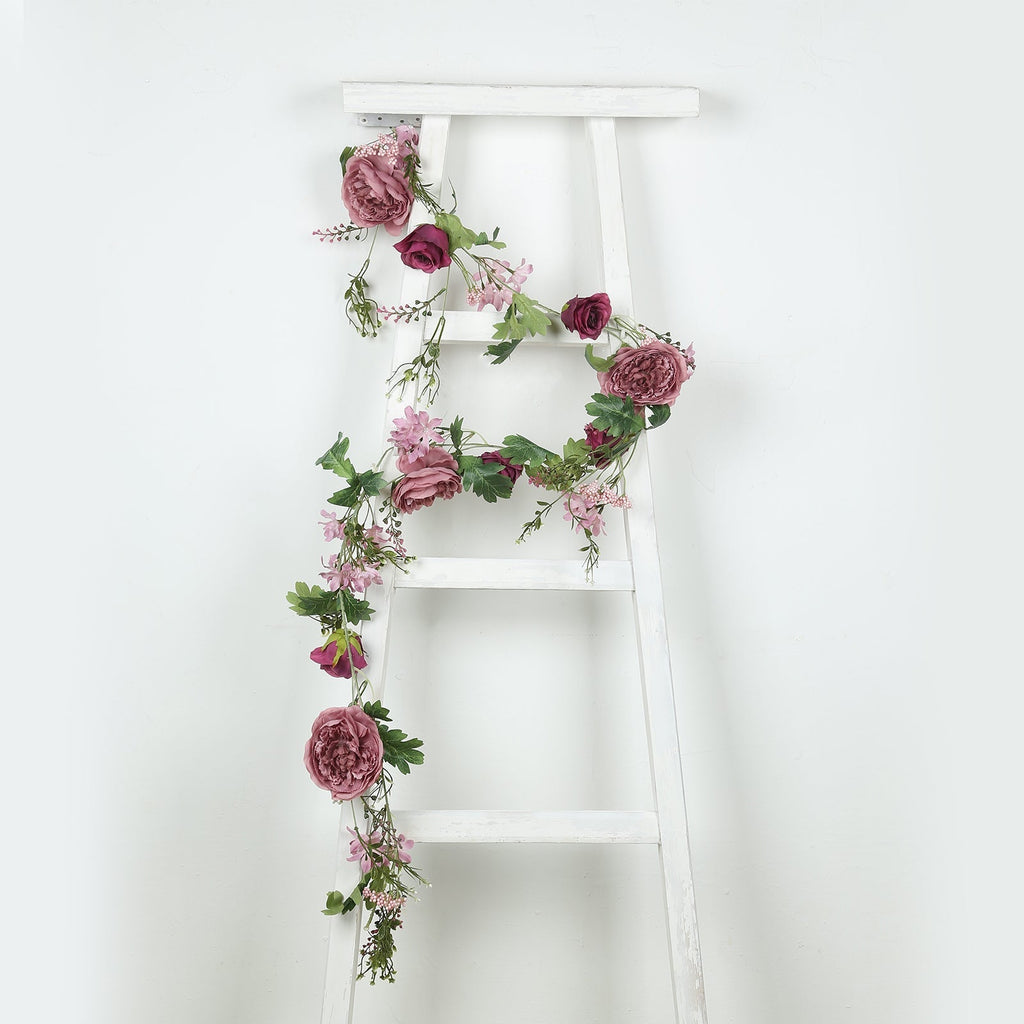 6ft Dusty Rose Silk Rose Peony Flower Garland, Mixed Floral Greenery Garland Artificial Hanging Vine - Bell Racket Store