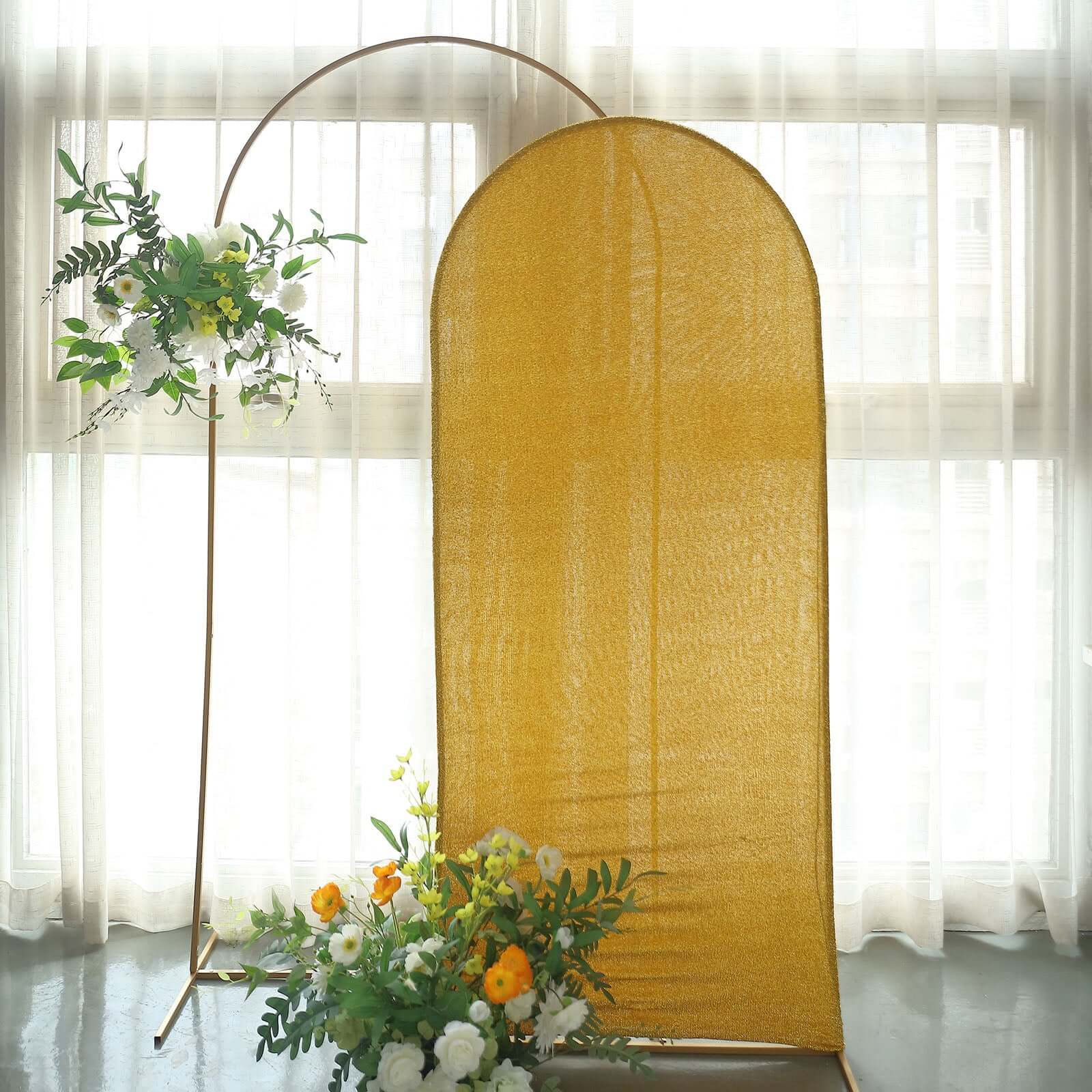 6ft Gold Shimmer Tinsel Spandex Chiara Backdrop Stand Cover For Fitted Round Top Wedding Arch - Bell Racket Store