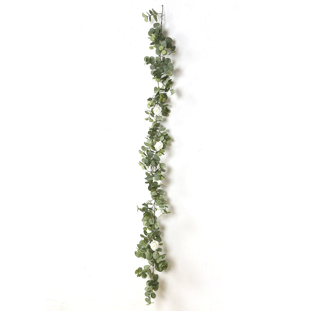 6ft Lighted Eucalyptus Garland with Ivory Roses & Battery - Operated Fairy Lights â€“ Faux Greenery Vine - Bell Racket Store