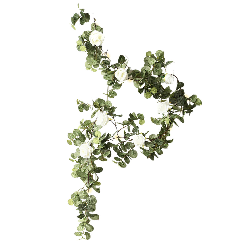 6ft Lighted Eucalyptus Garland with Ivory Roses & Battery - Operated Fairy Lights â€“ Faux Greenery Vine - Bell Racket Store
