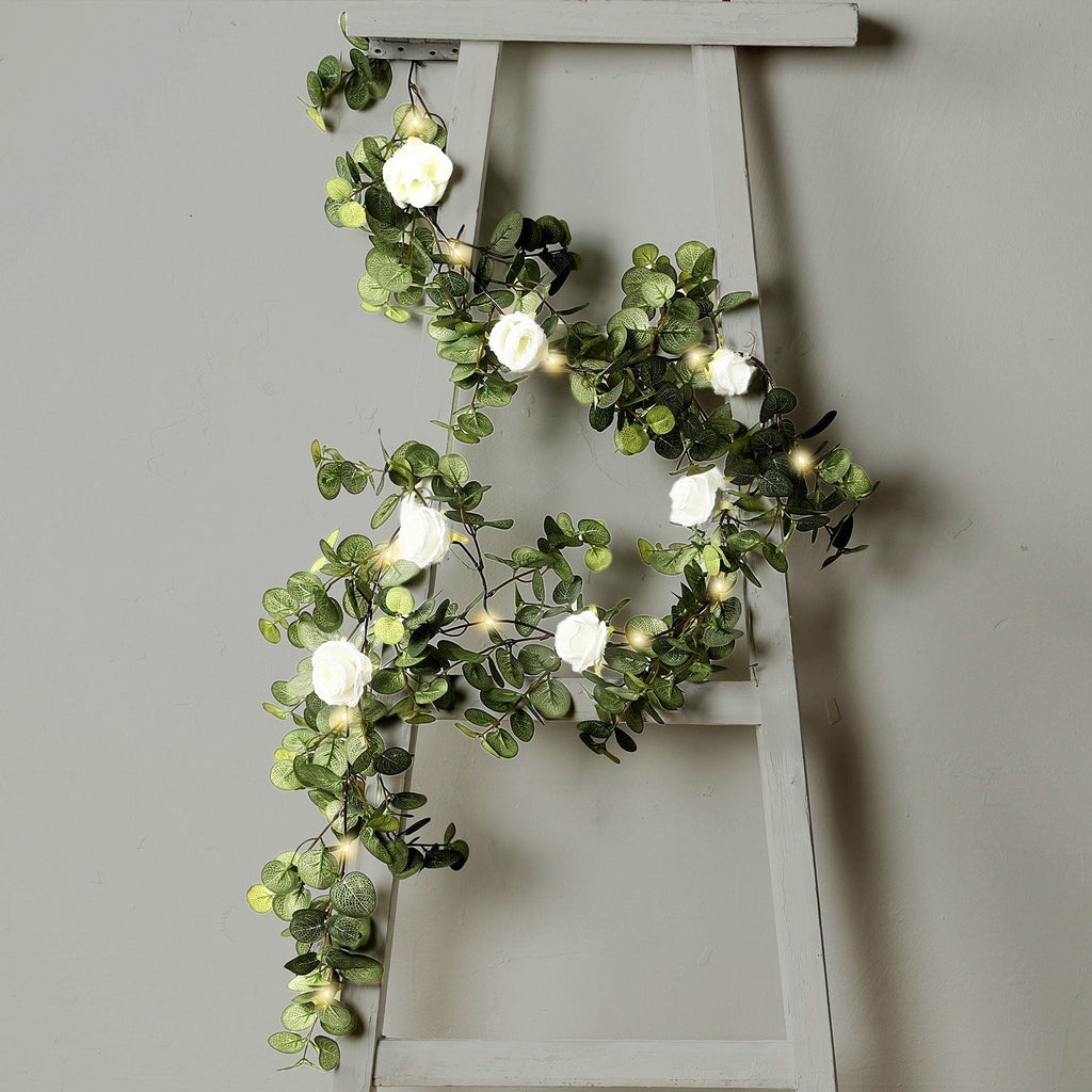 6ft Lighted Eucalyptus Garland with Ivory Roses & Battery - Operated Fairy Lights â€“ Faux Greenery Vine - Bell Racket Store