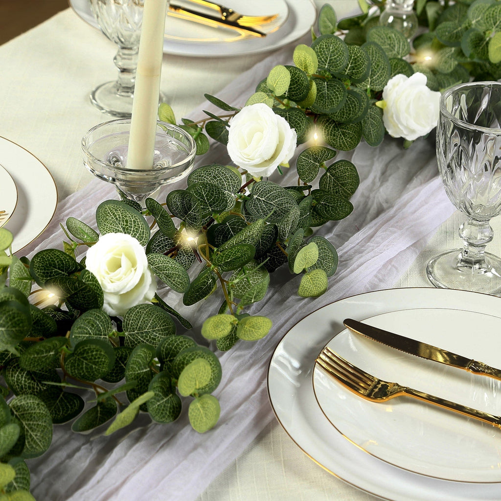 6ft Lighted Eucalyptus Garland with Ivory Roses & Battery - Operated Fairy Lights â€“ Faux Greenery Vine - Bell Racket Store