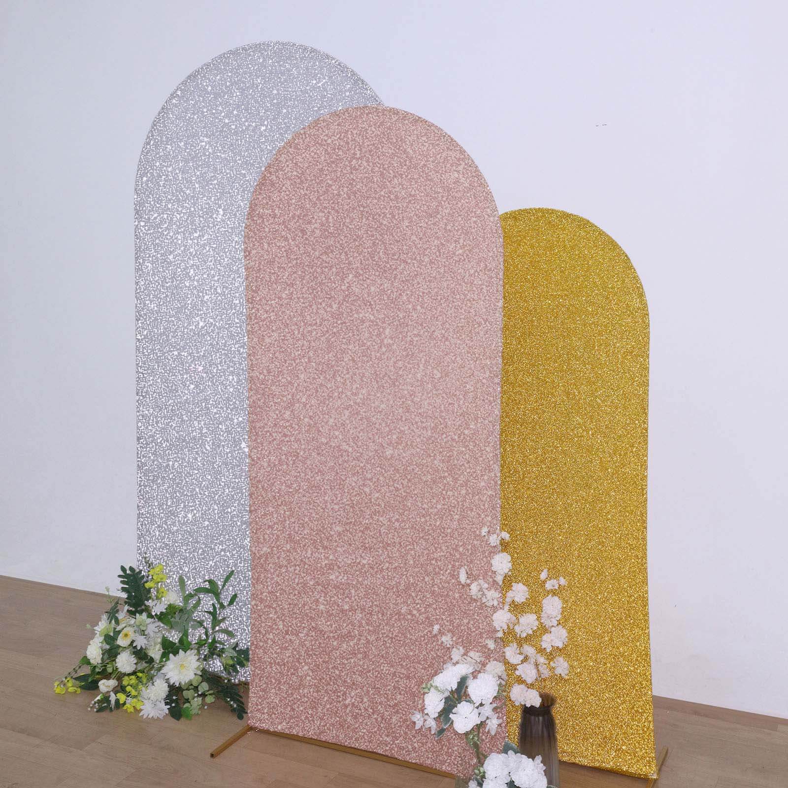 6ft Rose Gold Shimmer Tinsel Spandex Chiara Backdrop Stand Cover For Fitted Round Top Wedding Arch - Bell Racket Store