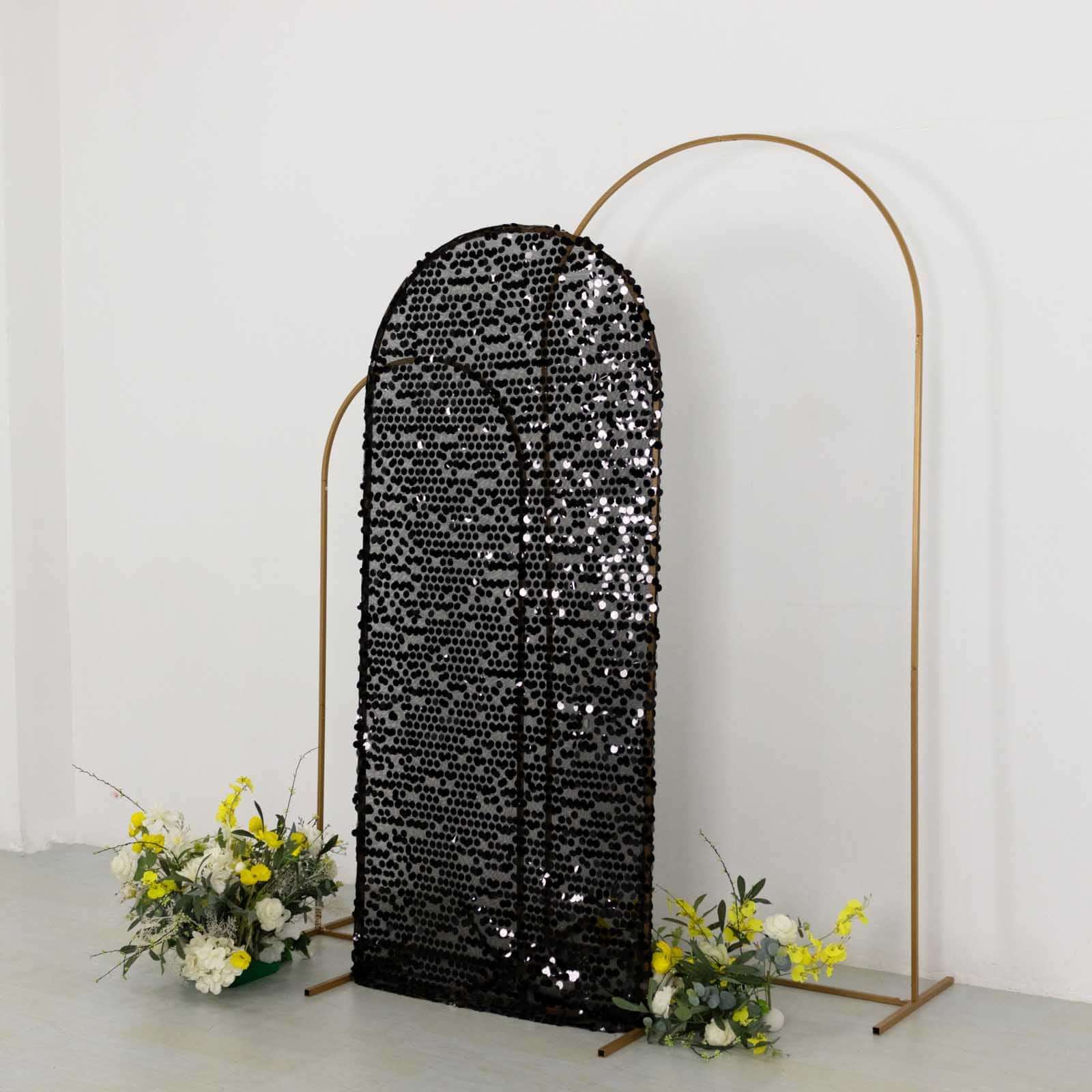 6ft Sparkly Black Big Payette Sequin Fitted Wedding Arch Cover for Round Top Chiara Backdrop Stand - Bell Racket Store