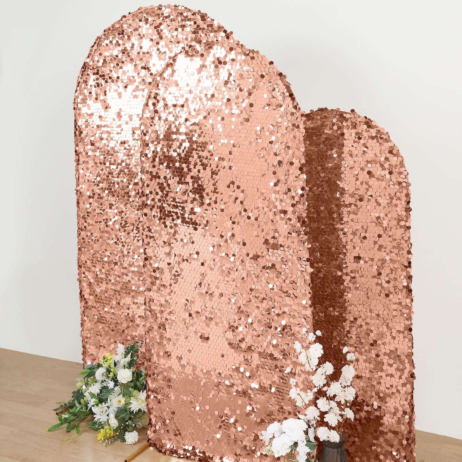 6ft Sparkly Rose Gold Double Sided Big Payette Sequin Chiara Backdrop Stand Cover For Fitted Round Top Wedding Arch - Bell Racket Store