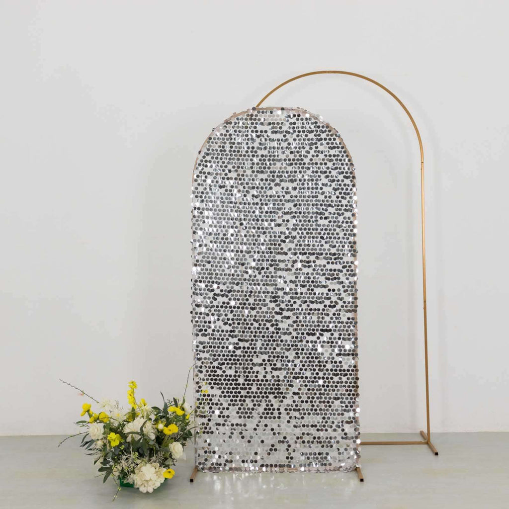 6ft Sparkly Silver Big Payette Sequin Fitted Wedding Arch Cover for Round Top Chiara Backdrop Stand - Bell Racket Store