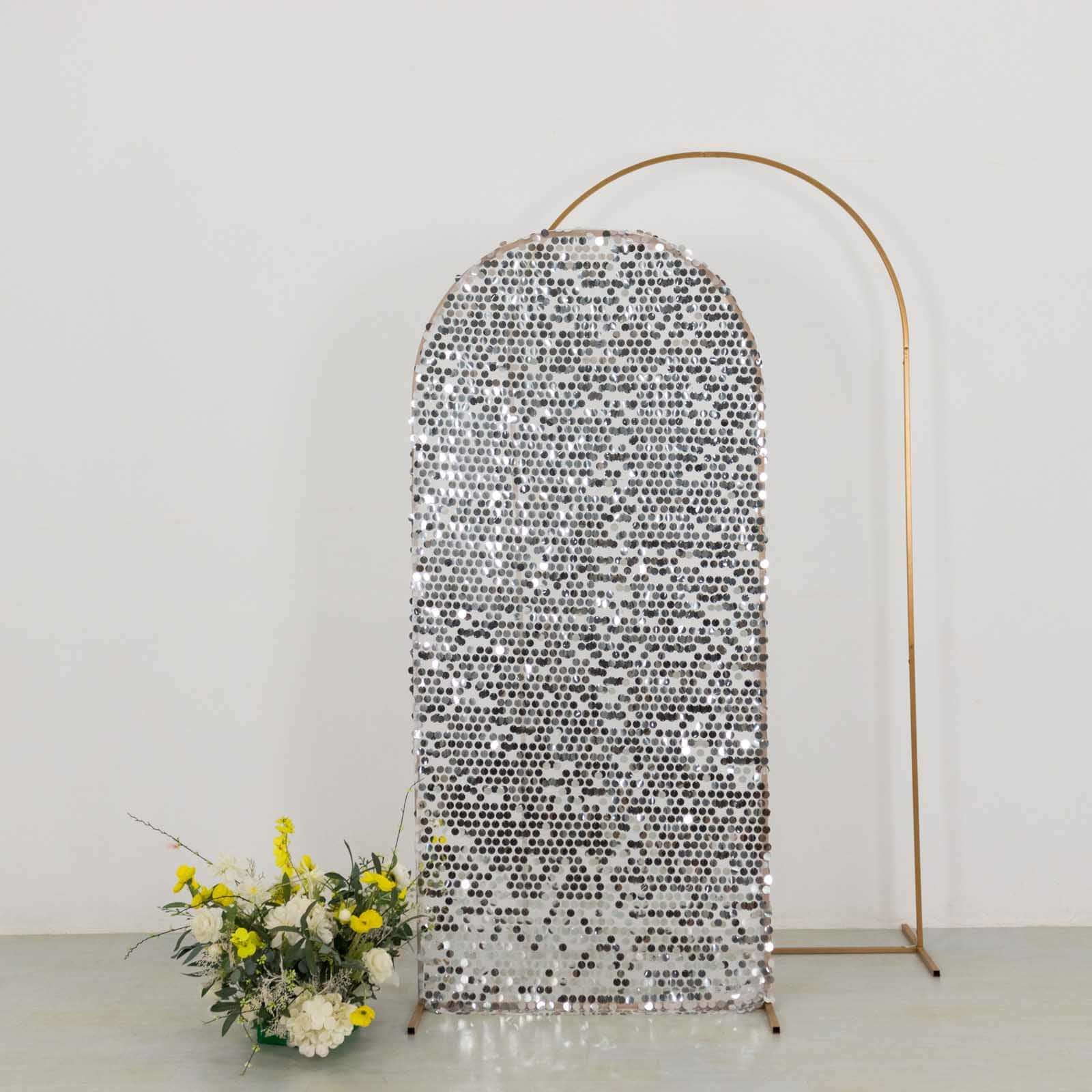 6ft Sparkly Silver Big Payette Sequin Fitted Wedding Arch Cover for Round Top Chiara Backdrop Stand - Bell Racket Store