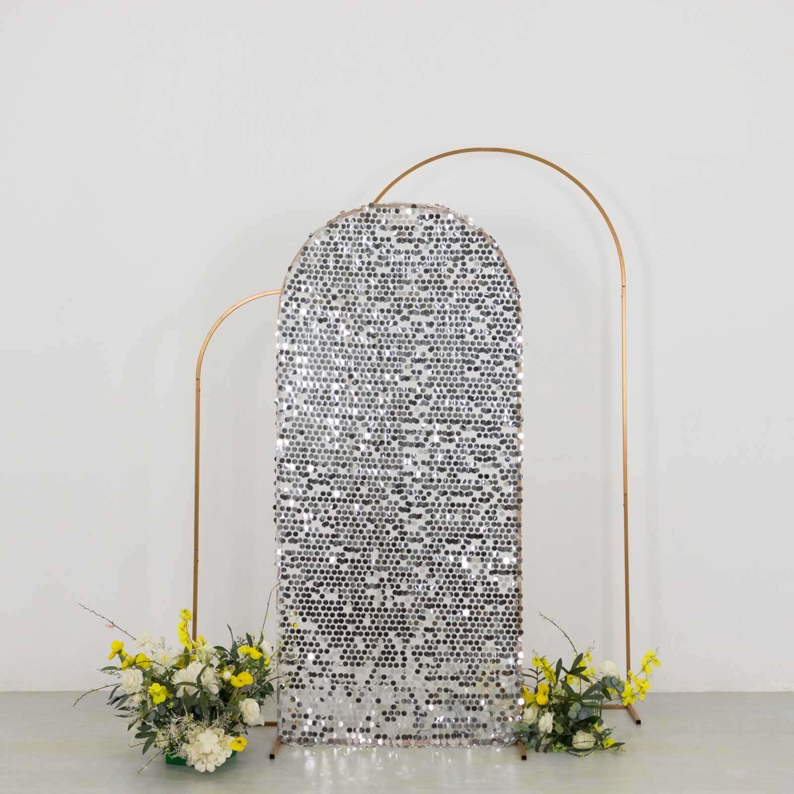 6ft Sparkly Silver Big Payette Sequin Fitted Wedding Arch Cover for Round Top Chiara Backdrop Stand - Bell Racket Store