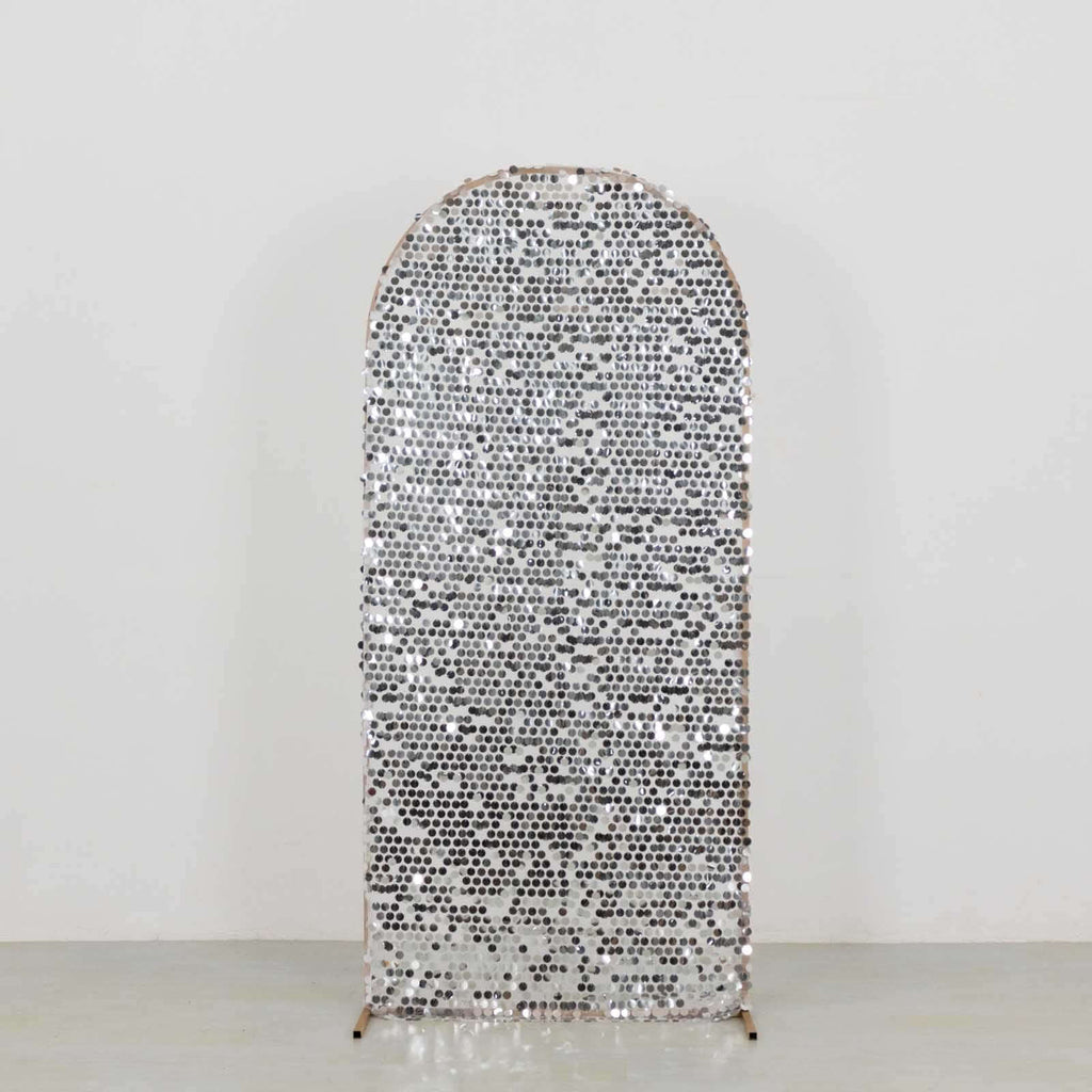 6ft Sparkly Silver Big Payette Sequin Fitted Wedding Arch Cover for Round Top Chiara Backdrop Stand - Bell Racket Store